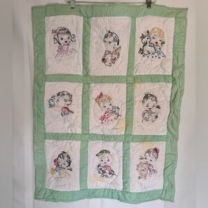 Vtg Baby Blanket Hand Embroidered Stitched Green Receiving  38” X 28” Children